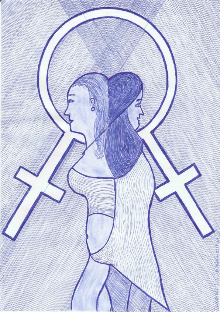 Blauwe pentekening van twee vrouwen rug aan rug. Links een blondine met lang haar, met een topje aan, rechts een moslima met hoofddoek. Achter hen het vrouwenteken, tweemaal. 