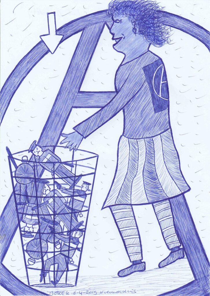 Blauwe pentekening. Tegen de achtergrond van een omcirkelde A (voor anarchisme) een persoon die in een prullenbak poppen wegwerpt die politie verbeelden